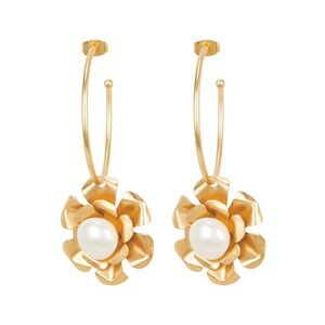 Mercedes Salazar Gold‎ Flower Pearl Hoop Earrings Coco Colombia